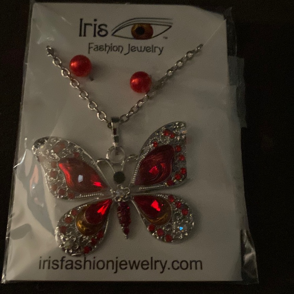 Beautiful red butterfly necklace with matching earrings